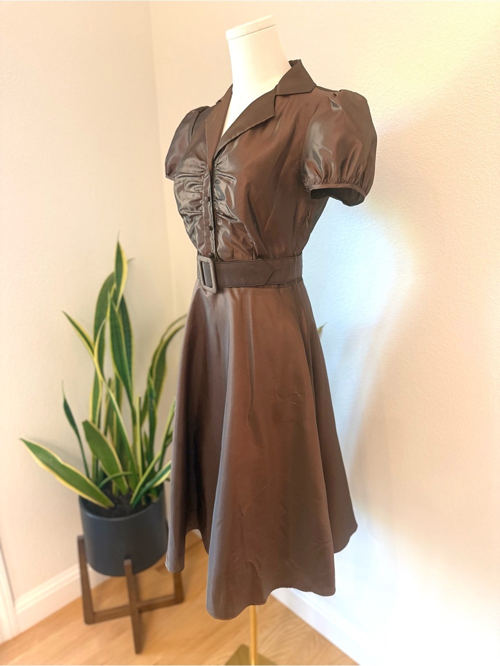 BCBG Chocolate Brown Puff-Sleeve Belted Fit-and-Flare Dress